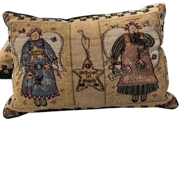 🛍️2 for $25 Sale🛍️ Angel Tapestry Pillow VTG of 2 "Angels Among Us" Christmas - Picture 2 of 8